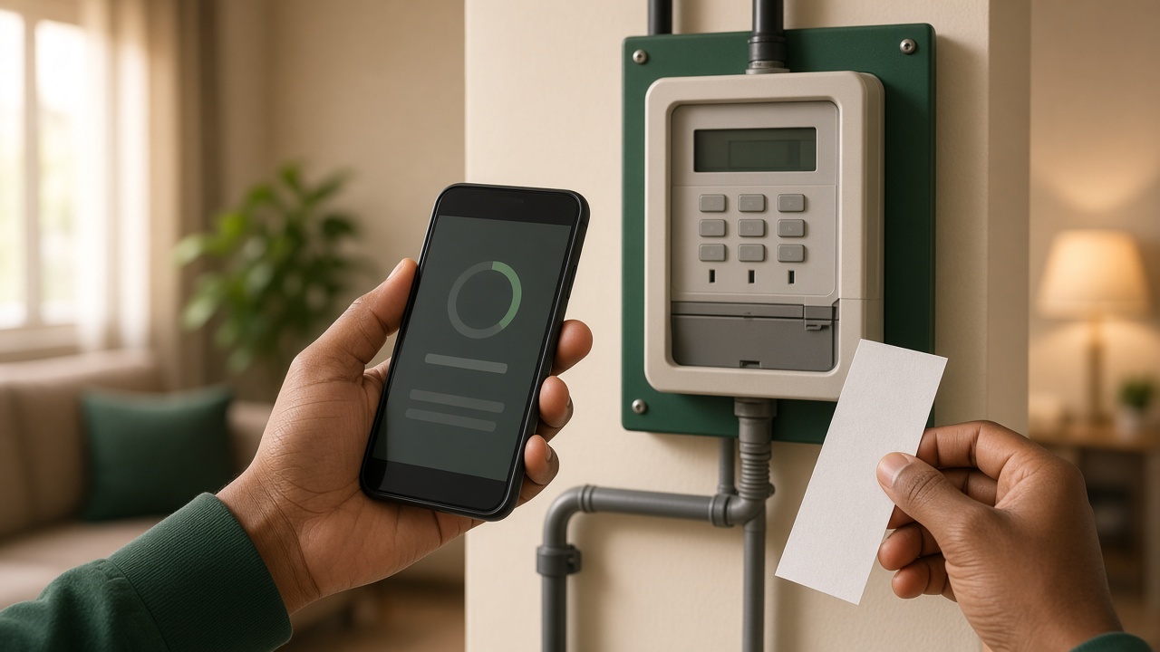 Home electricity meter and phone for buying a prepaid token
