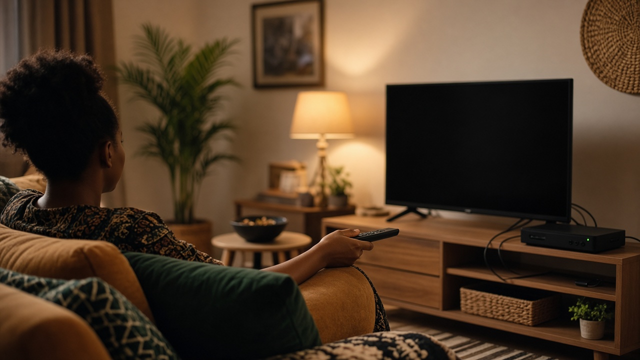 Living room TV and decoder ready for a DStv subscription renewal